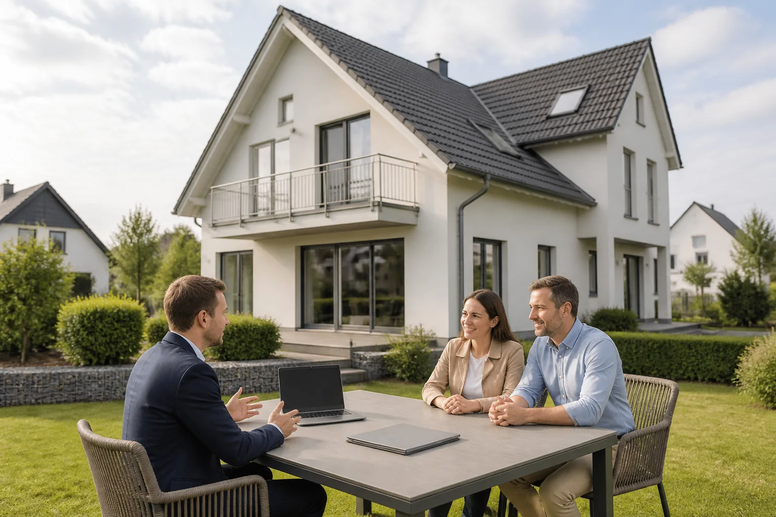 Laptop und neutrale Bauunterlagen bei einer persönlichen Immobilienbesprechung